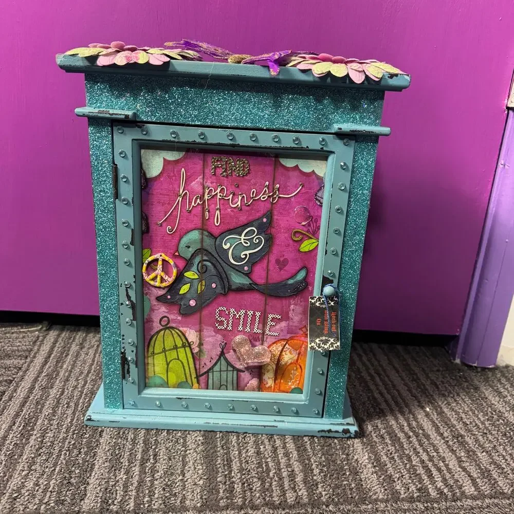 Whimsical Teal Glitter Wooden Wall Cabinet Jewelry Key Holder Butterfly Floral